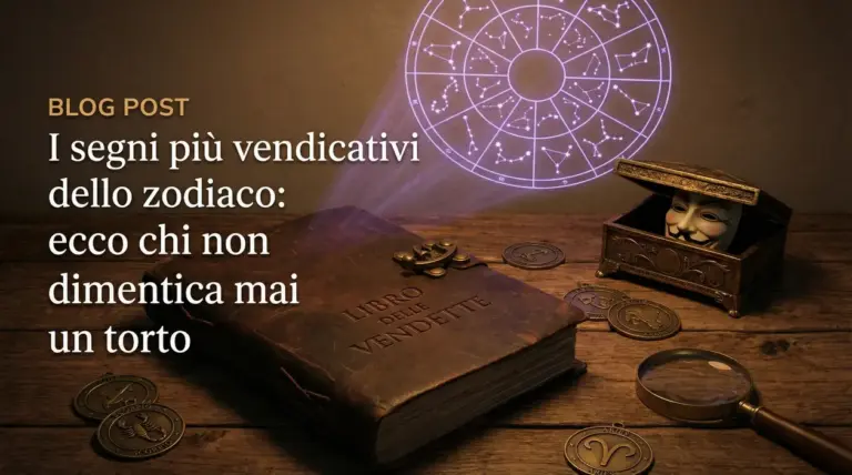 Libro antico, maschera in scatola e simboli zodiacali su un tavolo di legno