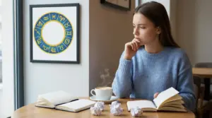 Una persona pensierosa seduta al tavolo con taccuini, vicino a un quadro con i segni zodiacali