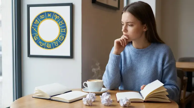 Una persona pensierosa seduta al tavolo con taccuini, vicino a un quadro con i segni zodiacali