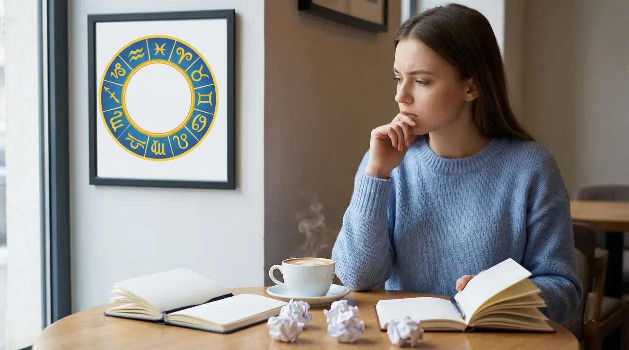 Una persona pensierosa seduta al tavolo con taccuini, vicino a un quadro con i segni zodiacali