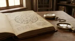 Vecchio libro aperto con cerchio zodiacale disegnato su una pagina, su scrivania con lente e orologio da tasca