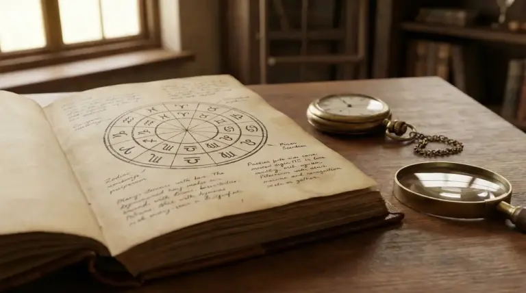 Vecchio libro aperto con cerchio zodiacale disegnato su una pagina, su scrivania con lente e orologio da tasca