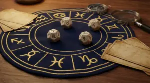 Zodiaco con dadi astrologici su un tappeto blu e carte sparse sul tavolo