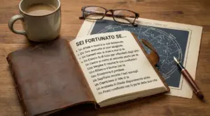 Taccuino aperto con testo sui segni zodiacali, accanto a una tazza, occhiali e una mappa astrologica