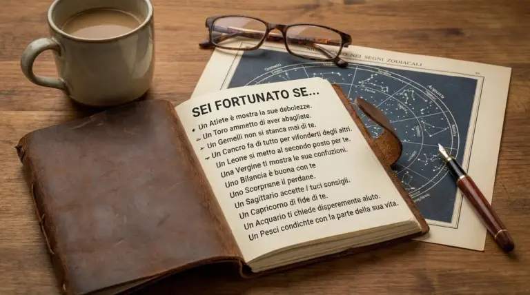 Taccuino aperto con testo sui segni zodiacali, accanto a una tazza, occhiali e una mappa astrologica