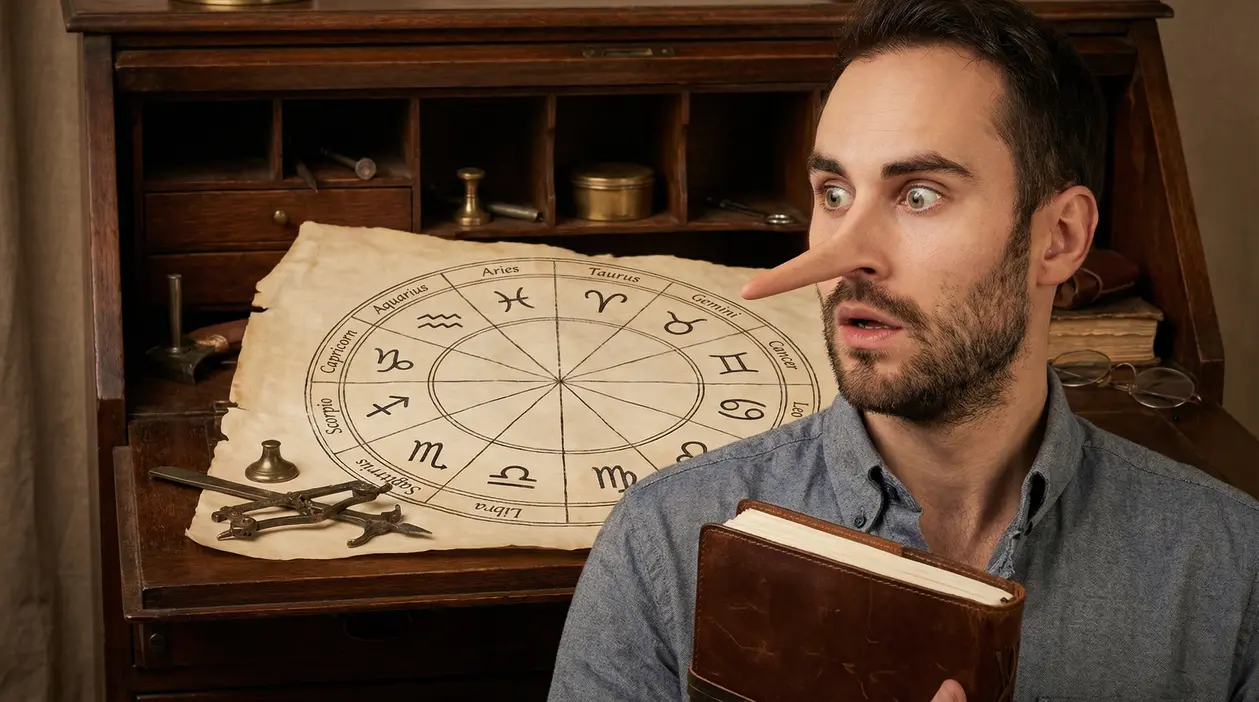 Uomo con naso lungo davanti a una scrivania con mappa astrologica