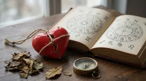 Cuore rotto accanto a un libro aperto con simboli zodiacali su un tavolo