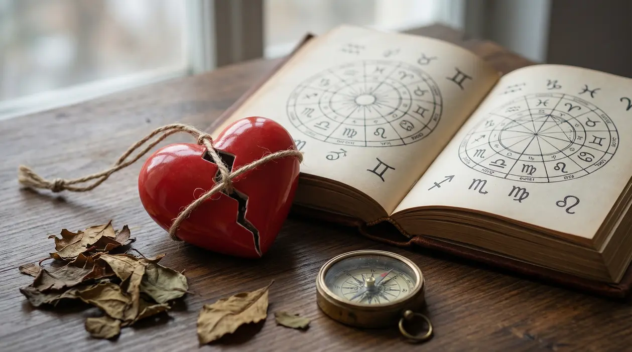 Cuore rotto accanto a un libro aperto con simboli zodiacali su un tavolo