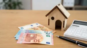 Casa in miniatura, banconote in euro, calcolatrice e penna su scrivania