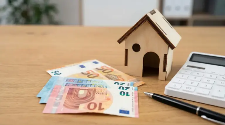 Casa in miniatura, banconote in euro, calcolatrice e penna su scrivania