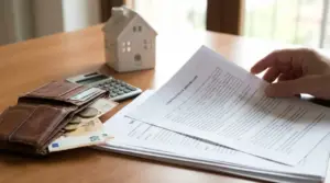 Documenti di acquisto casa con calcolatrice, portafoglio e modellino di abitazione su un tavolo, tema IMU non pagata