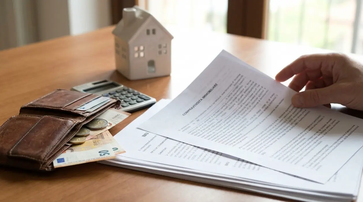 Documenti di acquisto casa con calcolatrice, portafoglio e modellino di abitazione su un tavolo, tema IMU non pagata