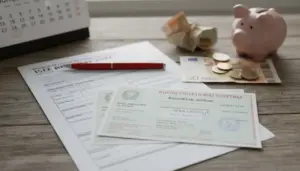 Documenti ISEE con buoni fruttiferi postali, penna e salvadanaio su un tavolo con banconote e monete