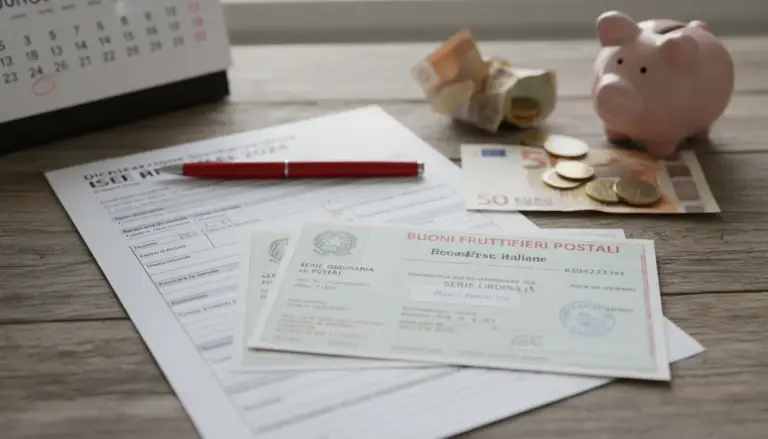 Documenti ISEE con buoni fruttiferi postali, penna e salvadanaio su un tavolo con banconote e monete