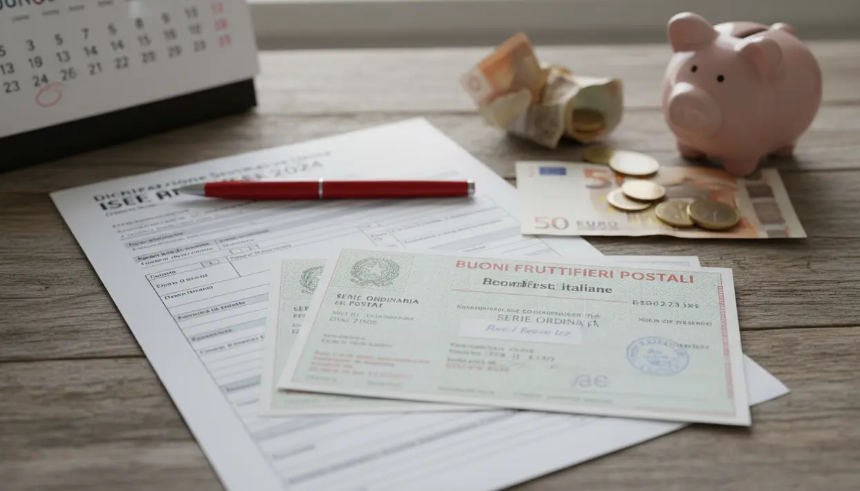 Documenti ISEE con buoni fruttiferi postali, penna e salvadanaio su un tavolo con banconote e monete