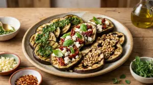 Melanzane grigliate condite con pesto, feta, pomodori secchi e pinoli su un piatto rustico