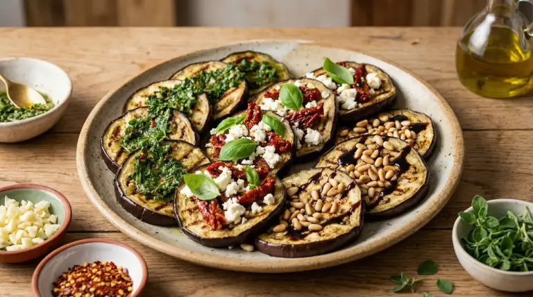 Melanzane grigliate condite con pesto, feta, pomodori secchi e pinoli su un piatto rustico
