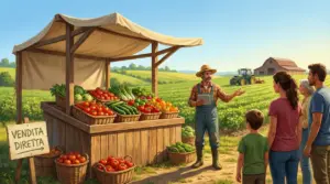 Bancarella agricola con ortaggi freschi e persona che parla a un gruppo in un campo coltivato