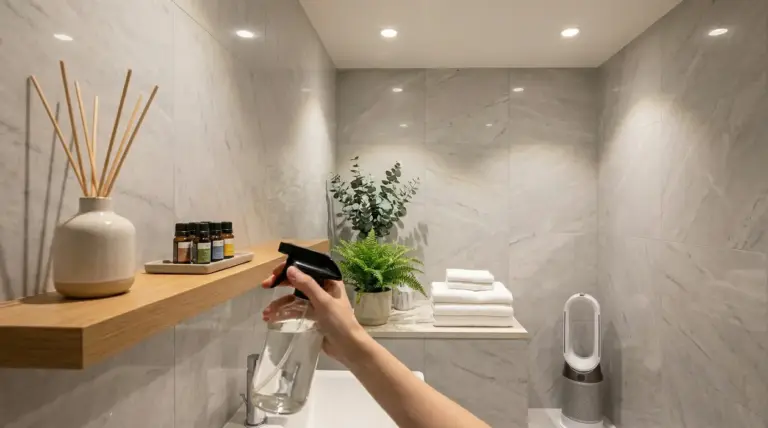 Bagno moderno senza finestra con diffusori, oli essenziali, piante e spray profumato