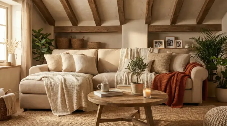 Soggiorno accogliente con divano beige, coperte, piante e tavolino in legno