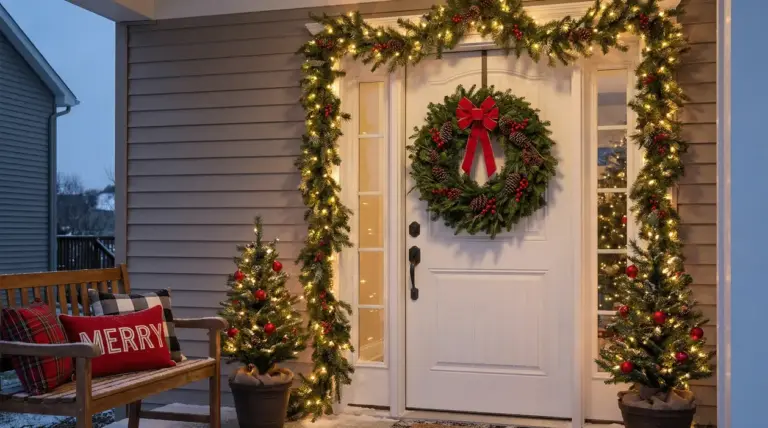 Ingresso di casa decorato con ghirlanda e luci natalizie