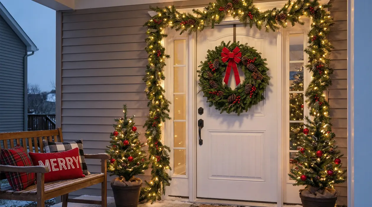 Ingresso di casa decorato con ghirlanda e luci natalizie