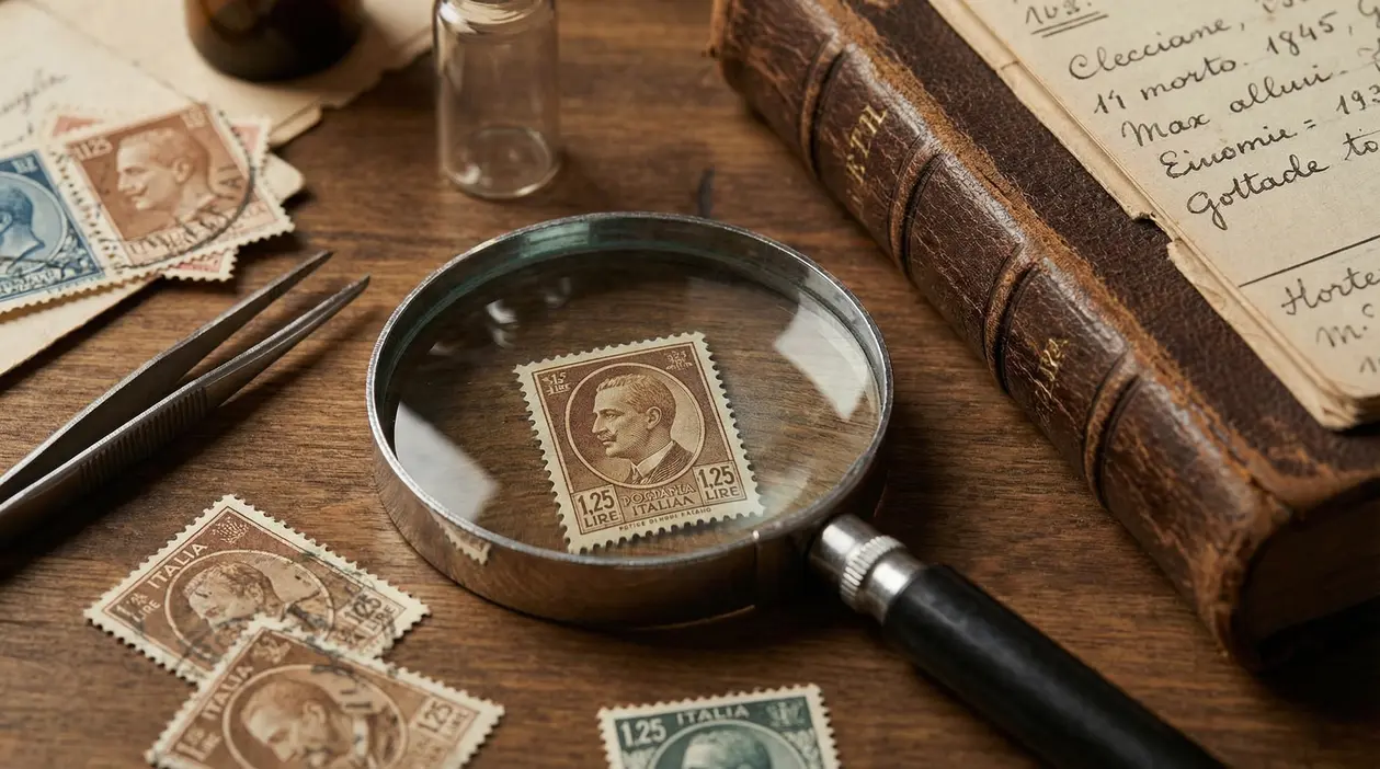 Francobollo italiano da 1,25 lire sotto una lente d’ingrandimento su tavolo di legno con pinzette e album