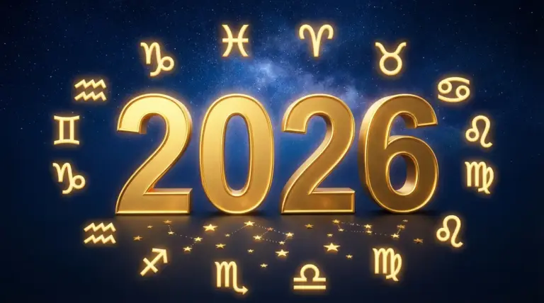 Numero 2026 dorato circondato da simboli zodiacali su sfondo stellato