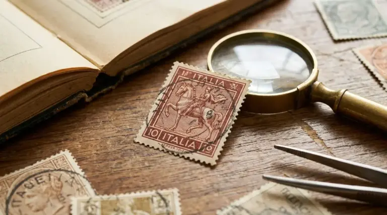 Francobollo antico italiano con cavallo su tavolo in legno, vicino a lente d’ingrandimento e pinzette da filatelia