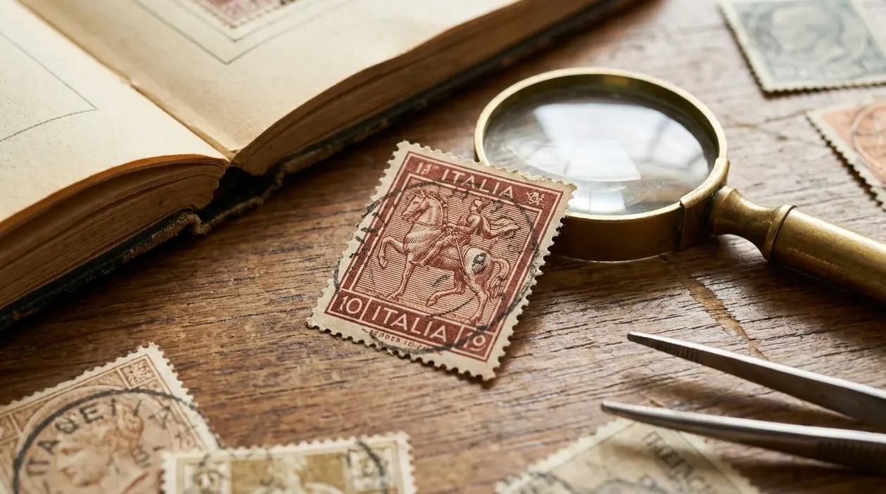 Francobollo antico italiano con cavallo su tavolo in legno, vicino a lente d’ingrandimento e pinzette da filatelia
