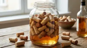 Barattolo di vetro pieno di tappi di sughero immersi in un liquido ambrato su un tavolo di legno