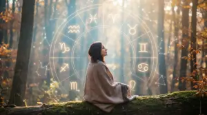 Una persona seduta nella foresta con simboli zodiacali sullo sfondo