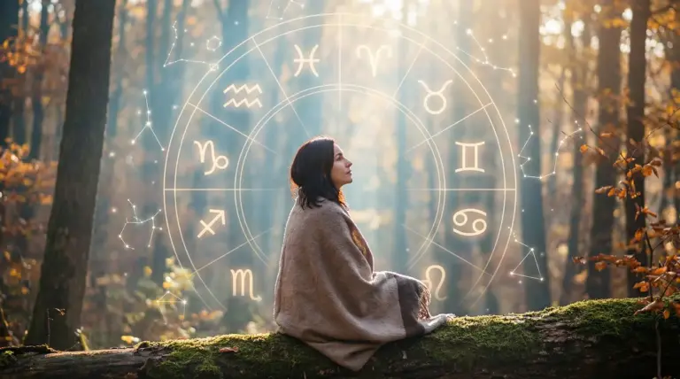 Una persona seduta nella foresta con simboli zodiacali sullo sfondo