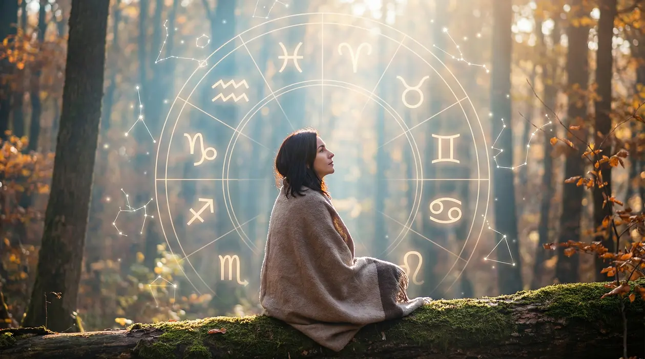 Una persona seduta nella foresta con simboli zodiacali sullo sfondo