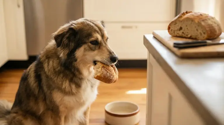 Un cane in cucina con un pezzo di pane in bocca vicino a un tavolo