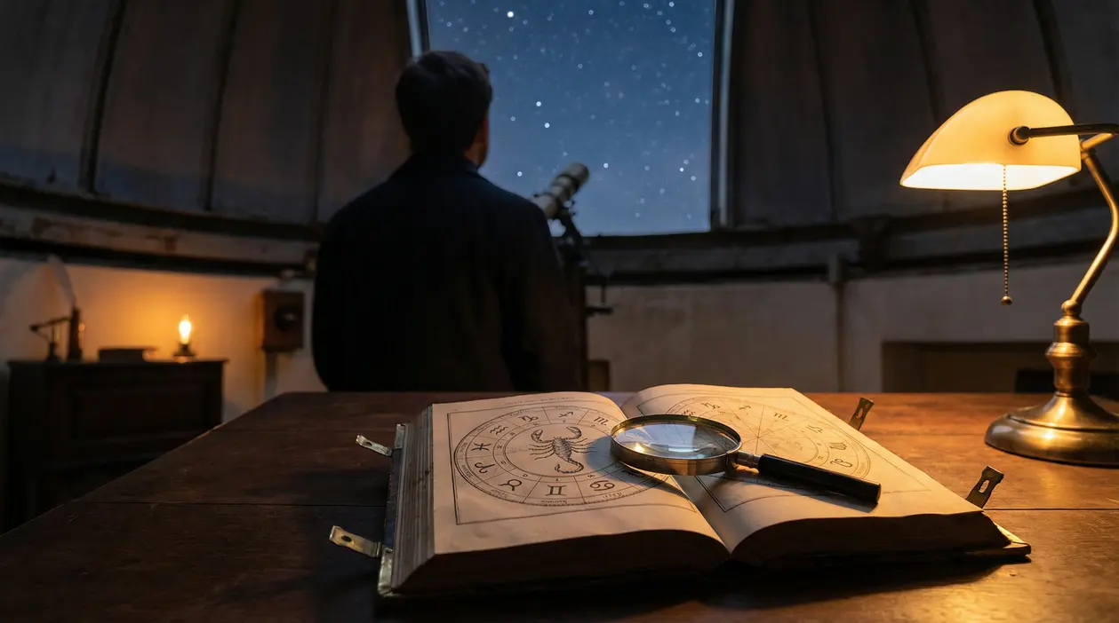 Una persona osserva il cielo stellato da un osservatorio accanto a un libro di astrologia aperto