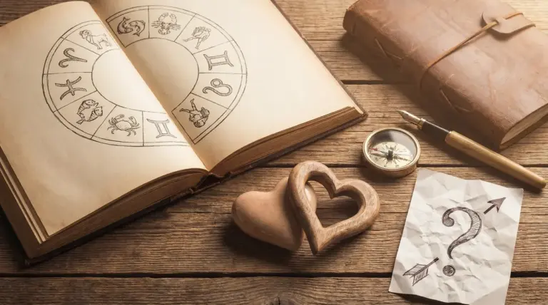 Libro con segni zodiacali accanto a cuori in legno, bussola e diario su tavolo in legno