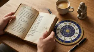 Una mano tiene un diario aperto accanto a una ruota dello zodiaco su un tavolo di legno