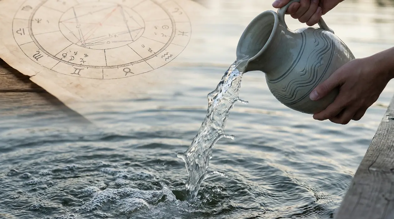 Una mano versa acqua da un'anfora su uno sfondo con carta astrologica
