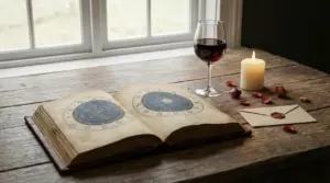 Libro aperto con segni zodiacali su tavolo di legno accanto a candela, bicchiere di vino e busta sigillata