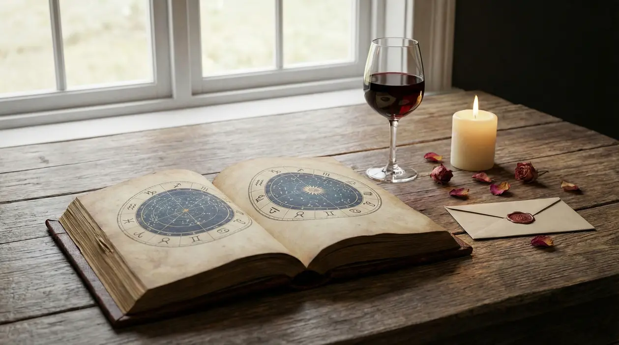 Libro aperto con segni zodiacali su tavolo di legno accanto a candela, bicchiere di vino e busta sigillata