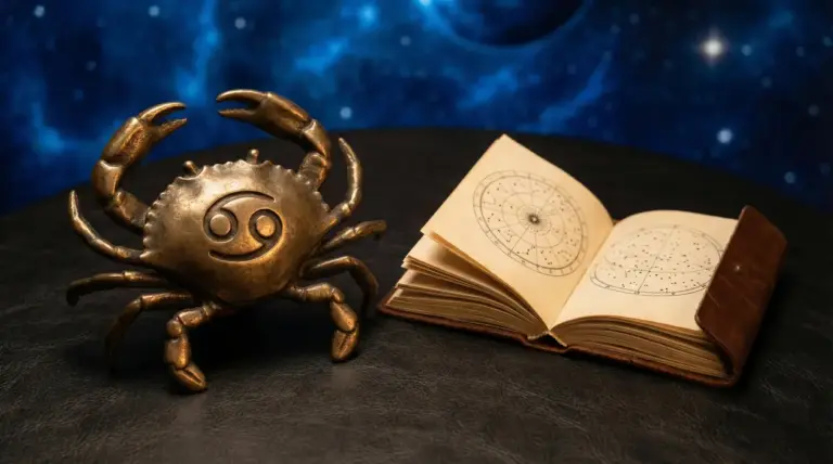 Una figura a forma di granchio con il simbolo del Cancro accanto a un libro con mappe astrologiche