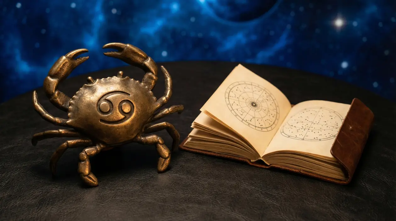 Una figura a forma di granchio con il simbolo del Cancro accanto a un libro con mappe astrologiche