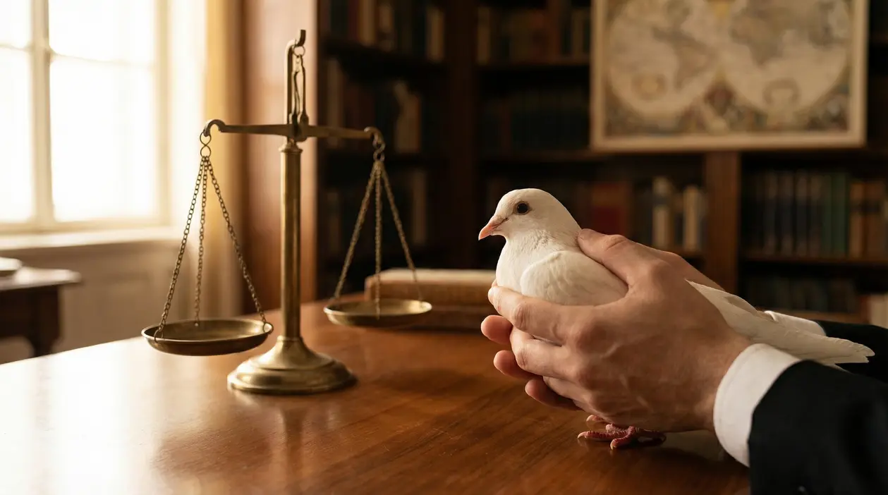 Mani che tengono una colomba bianca vicino a una bilancia su un tavolo di legno