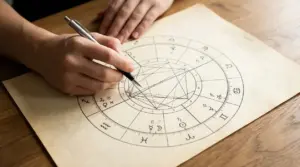 Una persona consulta una carta astrologica con un diagramma zodiacale su un tavolo.