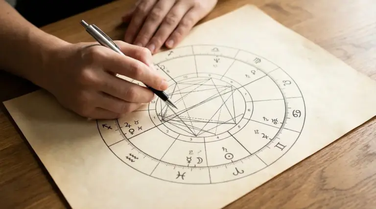 Una persona consulta una carta astrologica con un diagramma zodiacale su un tavolo.