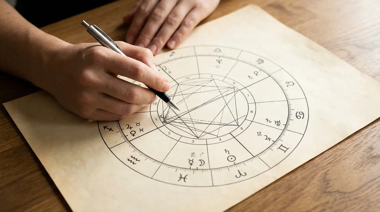 Una persona consulta una carta astrologica con un diagramma zodiacale su un tavolo.