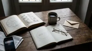Libri di astrologia su un tavolo con una tazza di caffè, occhiali e una busta chiusa