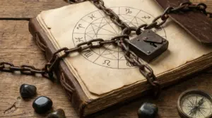 Vecchio libro con simboli zodiacali, incatenato con un lucchetto su un tavolo di legno