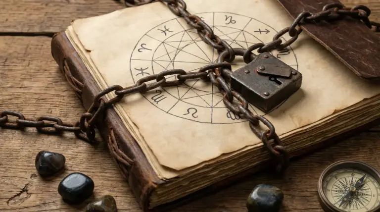 Vecchio libro con simboli zodiacali, incatenato con un lucchetto su un tavolo di legno